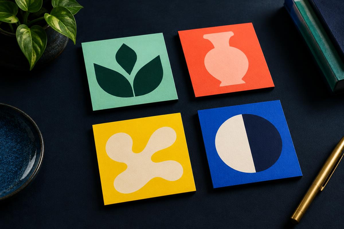 Four distinct graphic square designs arranged on a dark surface
