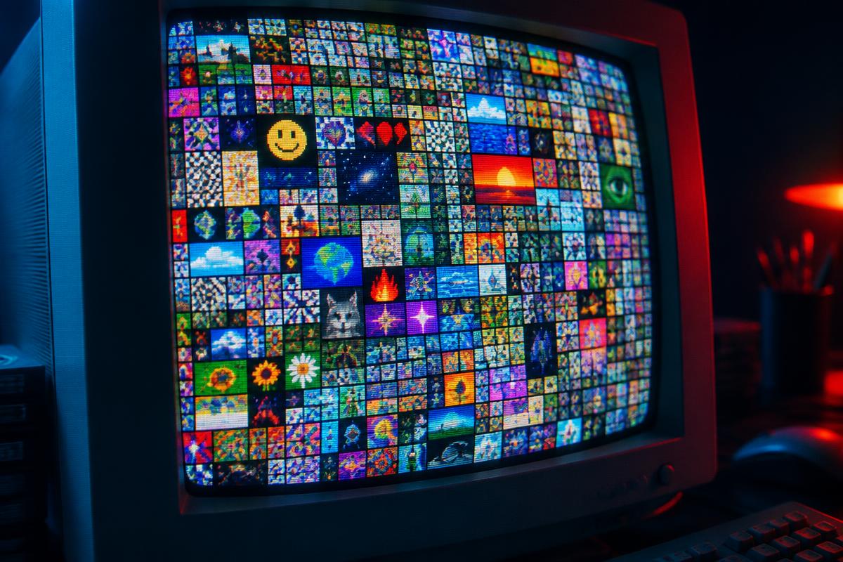 An early computer monitor covered in colorful miniature image tiles